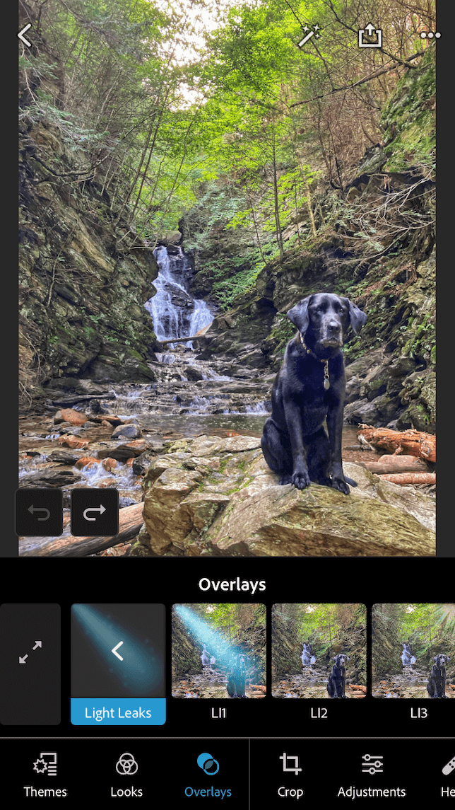 A screenshot showing a waterfall photo before adding a lens flare in Photoshop.