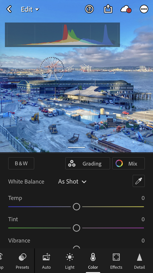 A screenshot showing a waterfront scene before the white balance was adjusted in Lightroom.