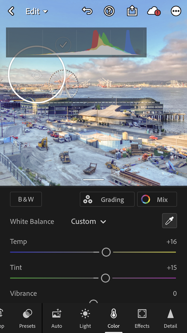 A screenshot showing a waterfront scene after the white balance has been adjusted in Lightroom.