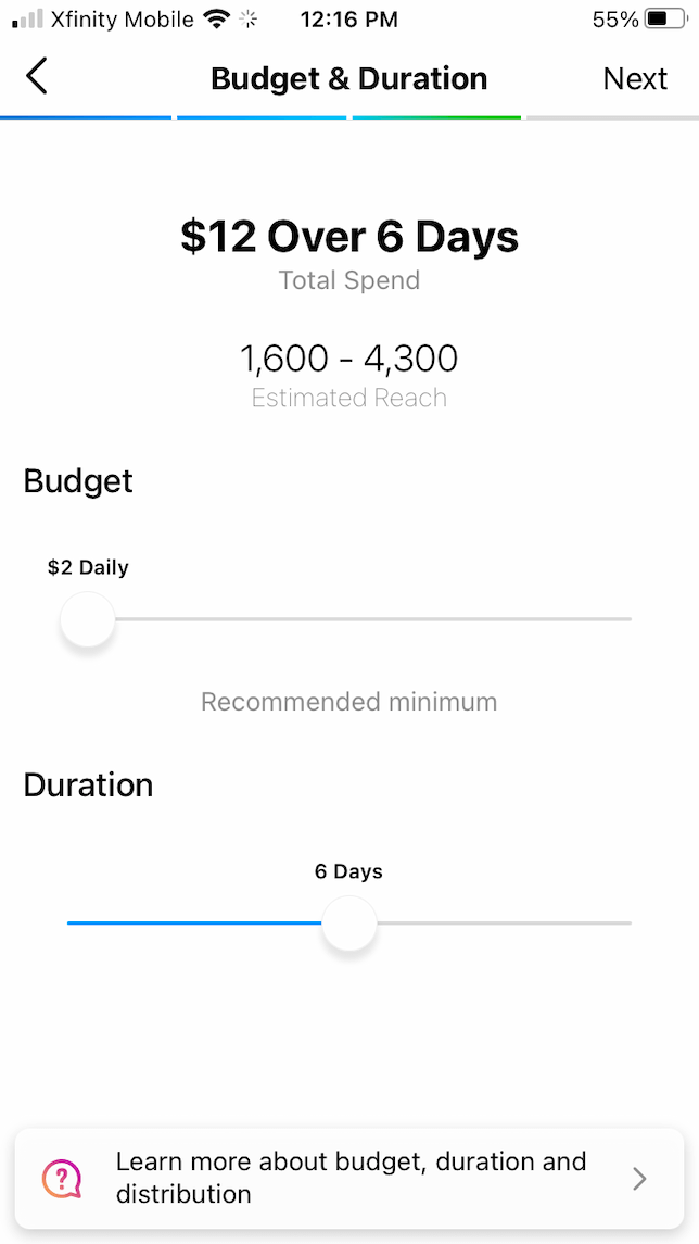 A screenshot demonstrating how to choose your budget for an Instagram promotion.