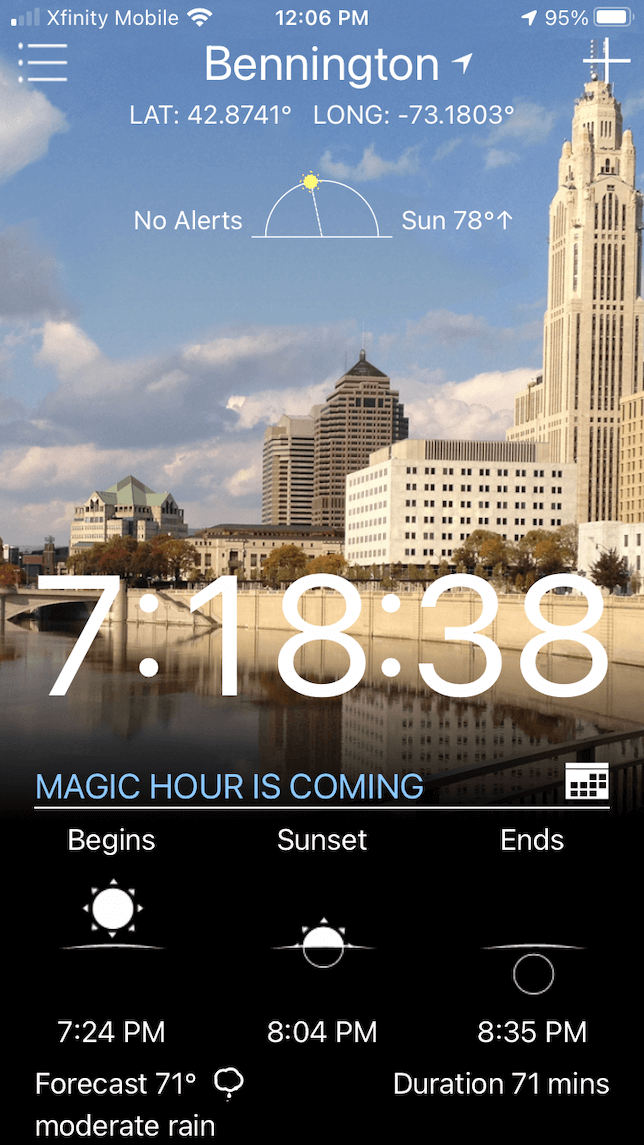 A screenshot showing how many hours left until magic hour using the Magic Hour app.