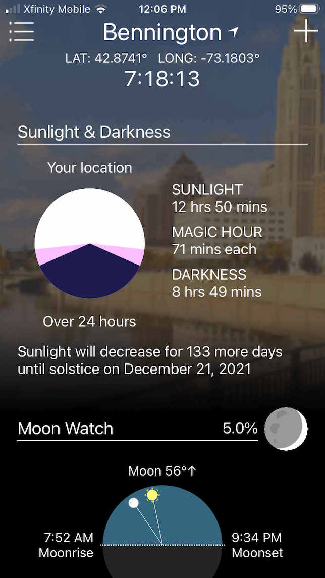 A screenshot showing sunlight and darkness times using Magic Hour app.