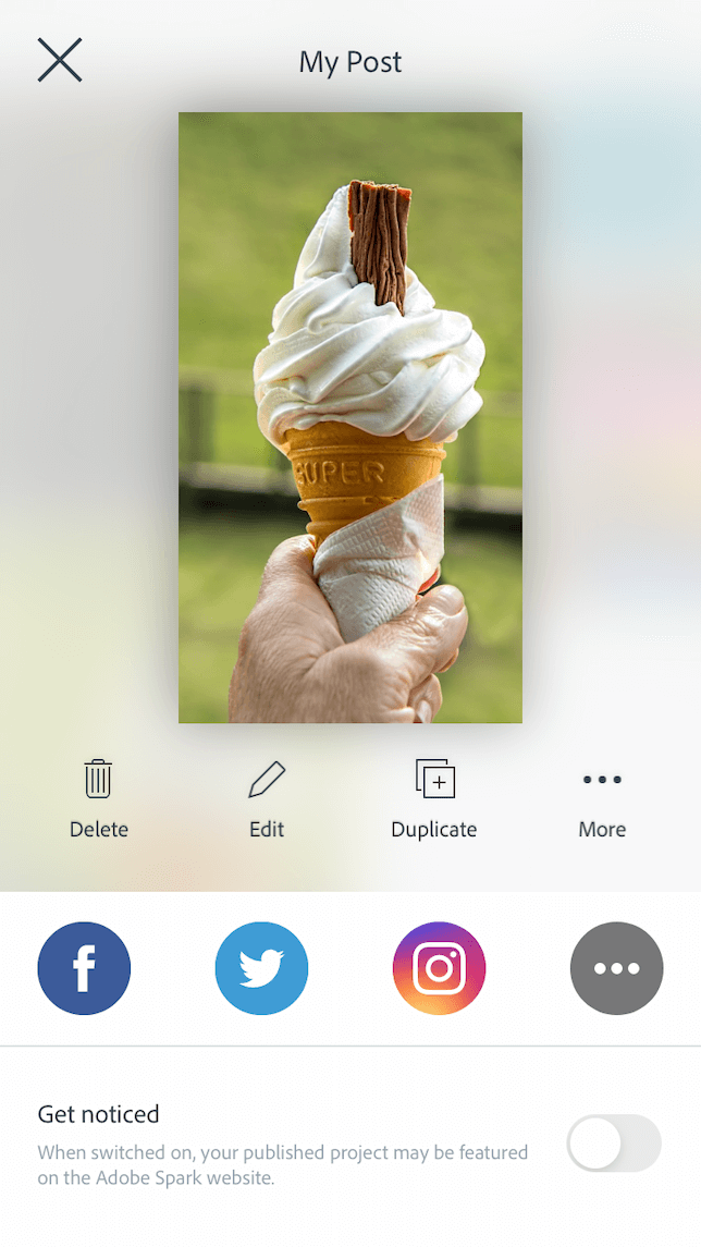 Screenshot showing how to post to Instagram from Adobe Spark.