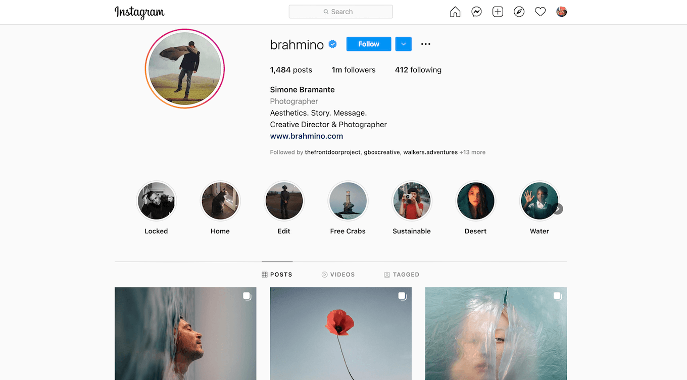 A screenshot showing a photographer's verified account on Instagram.