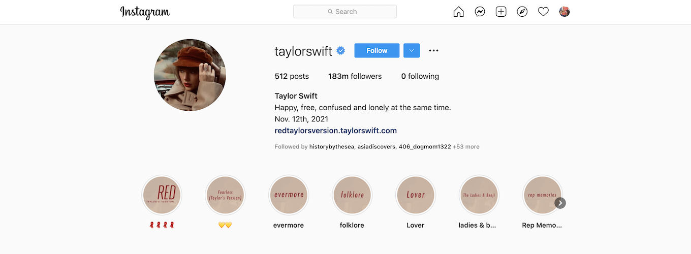 A screenshot of Taylor Swift's verified Instagram account.