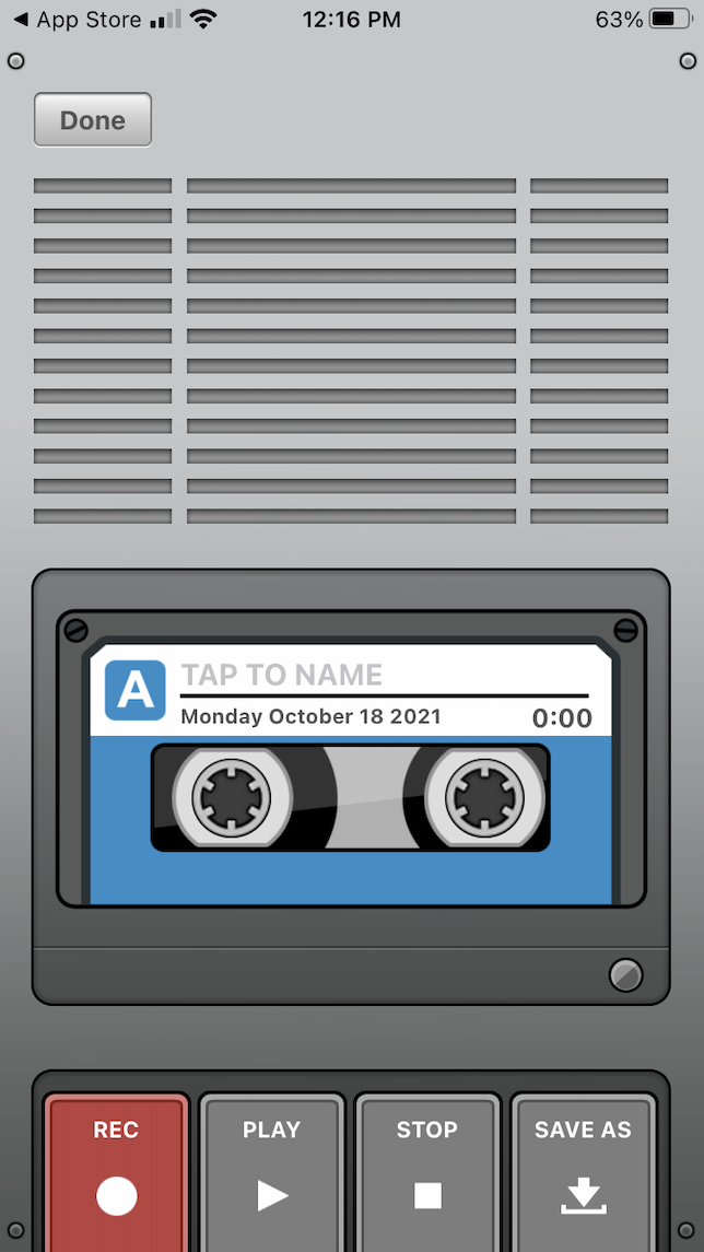A screenshot showing a vintage tape player in Video Recorder app.