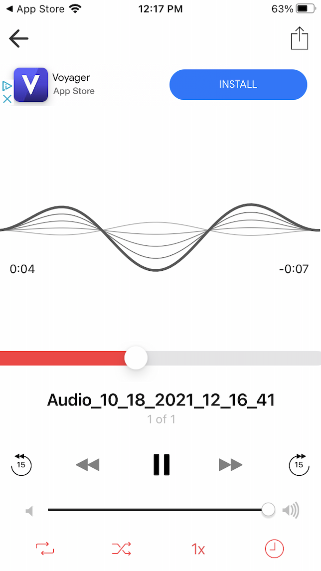 A screenshot showing how to use Voice Recorder for iPhone in playback mode.
