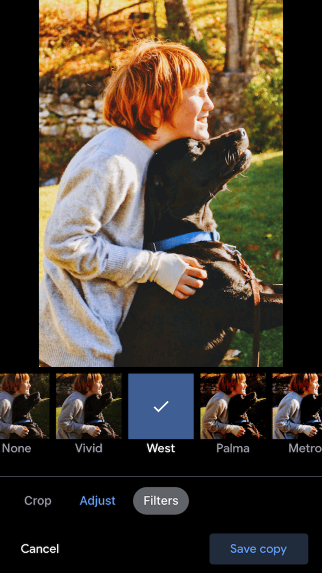 A photo of a boy and a dog after a filter has been applied using Google Photos editor.