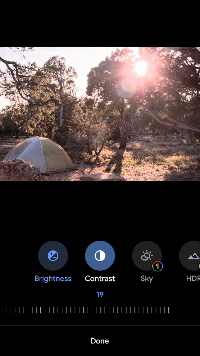 A screenshot of the adjustment screen in Google Photos editor.
