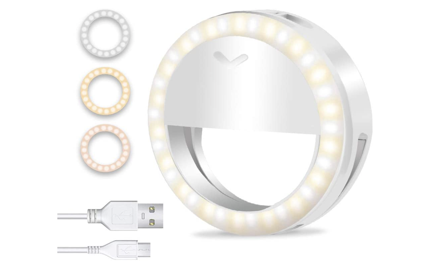A clip-on selfie ring light for iPhone.