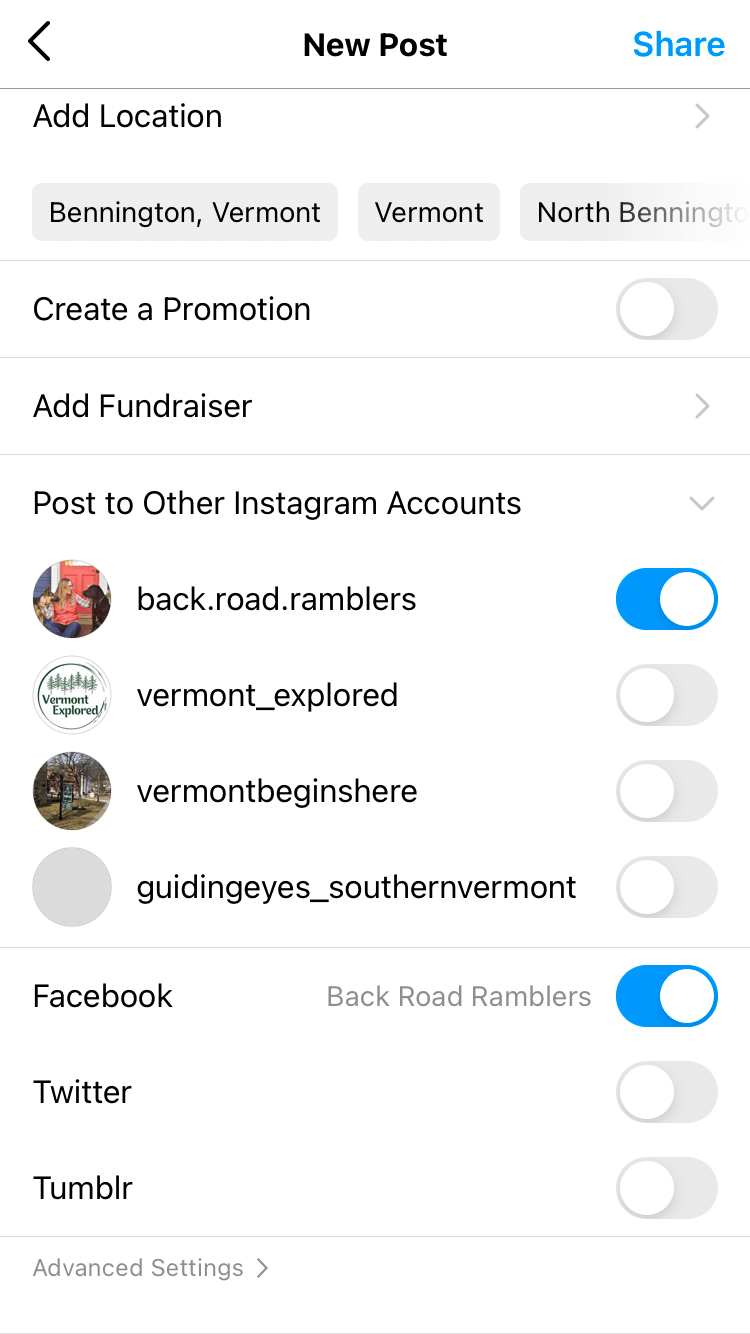 Screenshot of the Advanced Settings options on Instagram.
