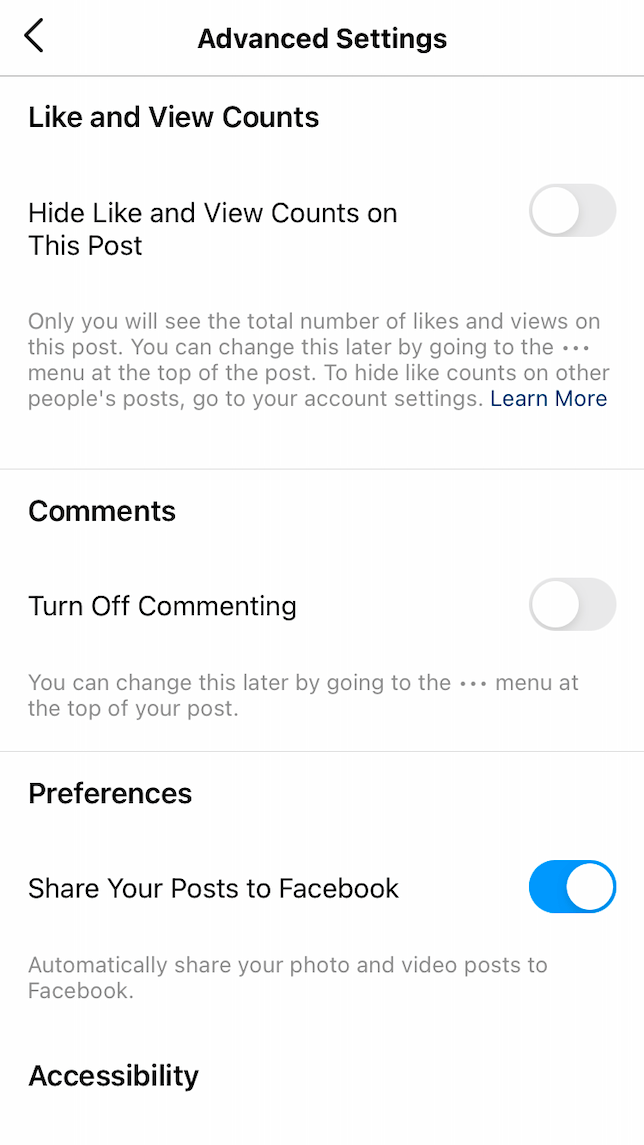 Screenshot of the option to hide Instagram likes in the Advanced Settings.