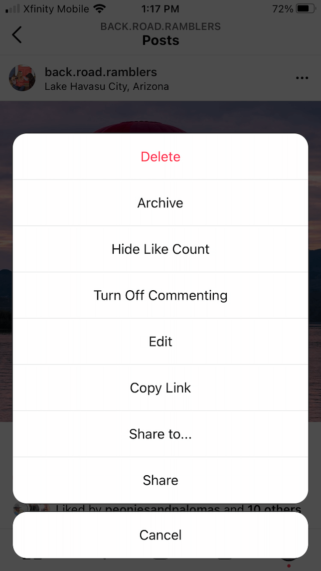 Screenshot of the settings menu on an Instagram post.