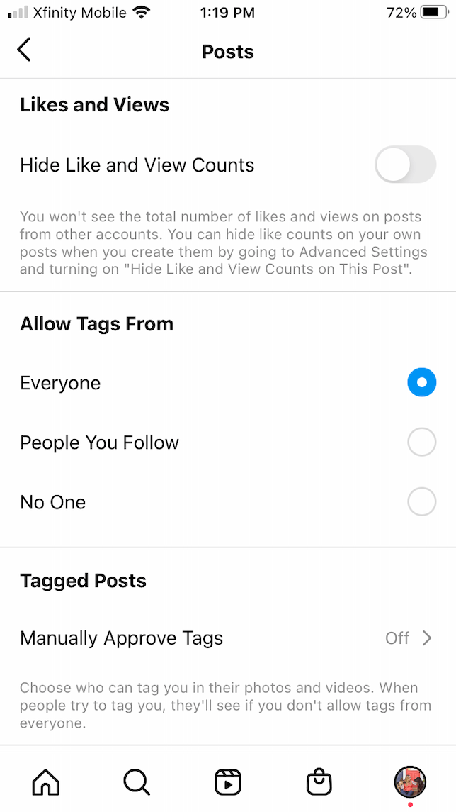 Screenshot of the Privacy settings for posts on Instagram.