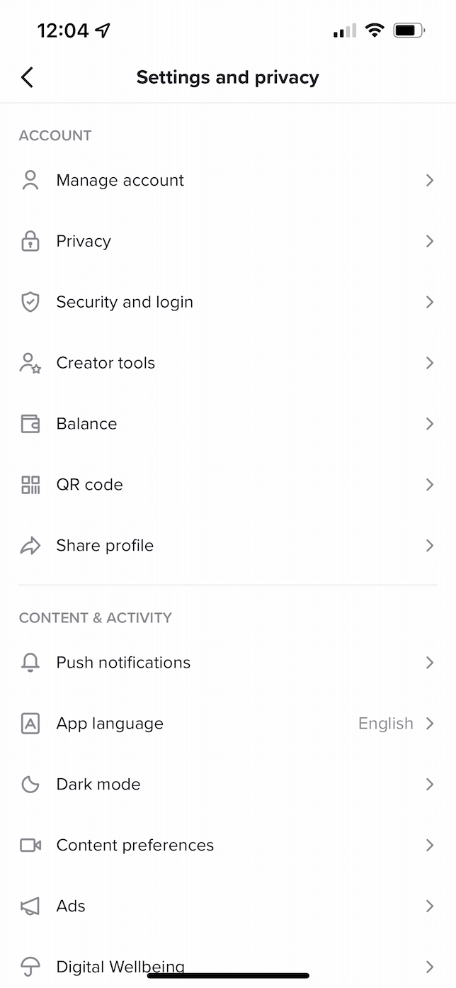 Screenshot of the settings page in TikTok.
