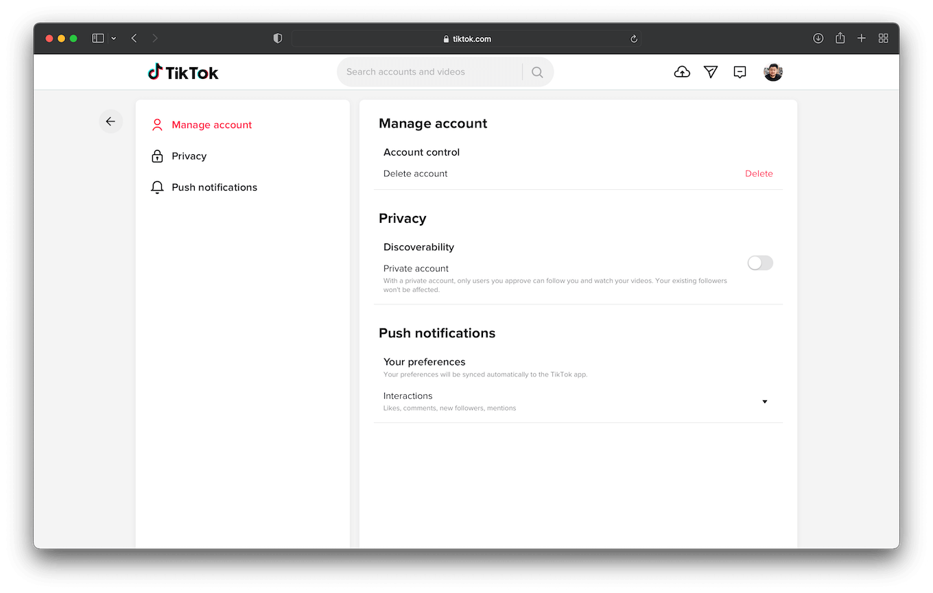 Screenshot of TikTok account settings in Safari on macOS.