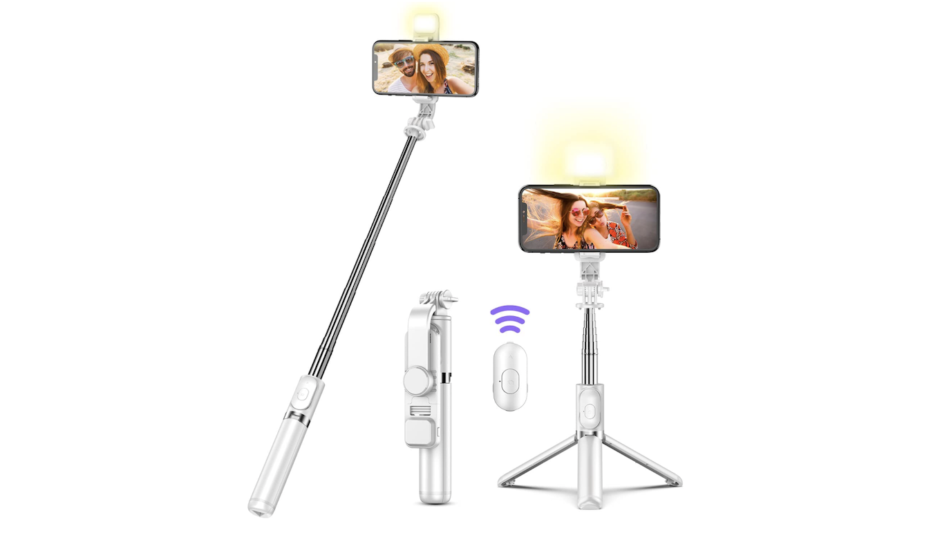 A selfie stick with a built-in ring light for selfies.