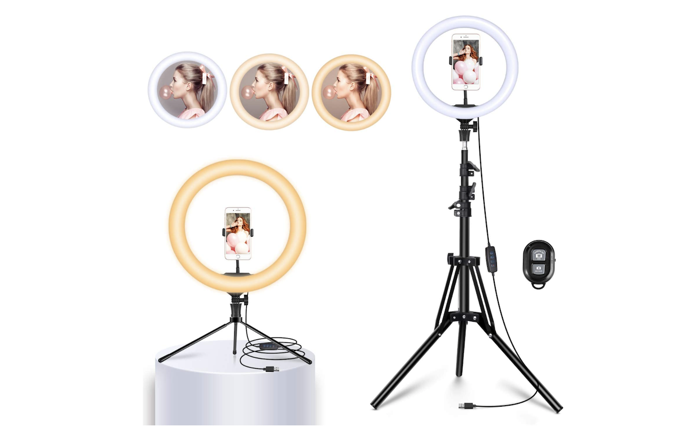 A selfie ring light shown on two different tripods and with different color settings.