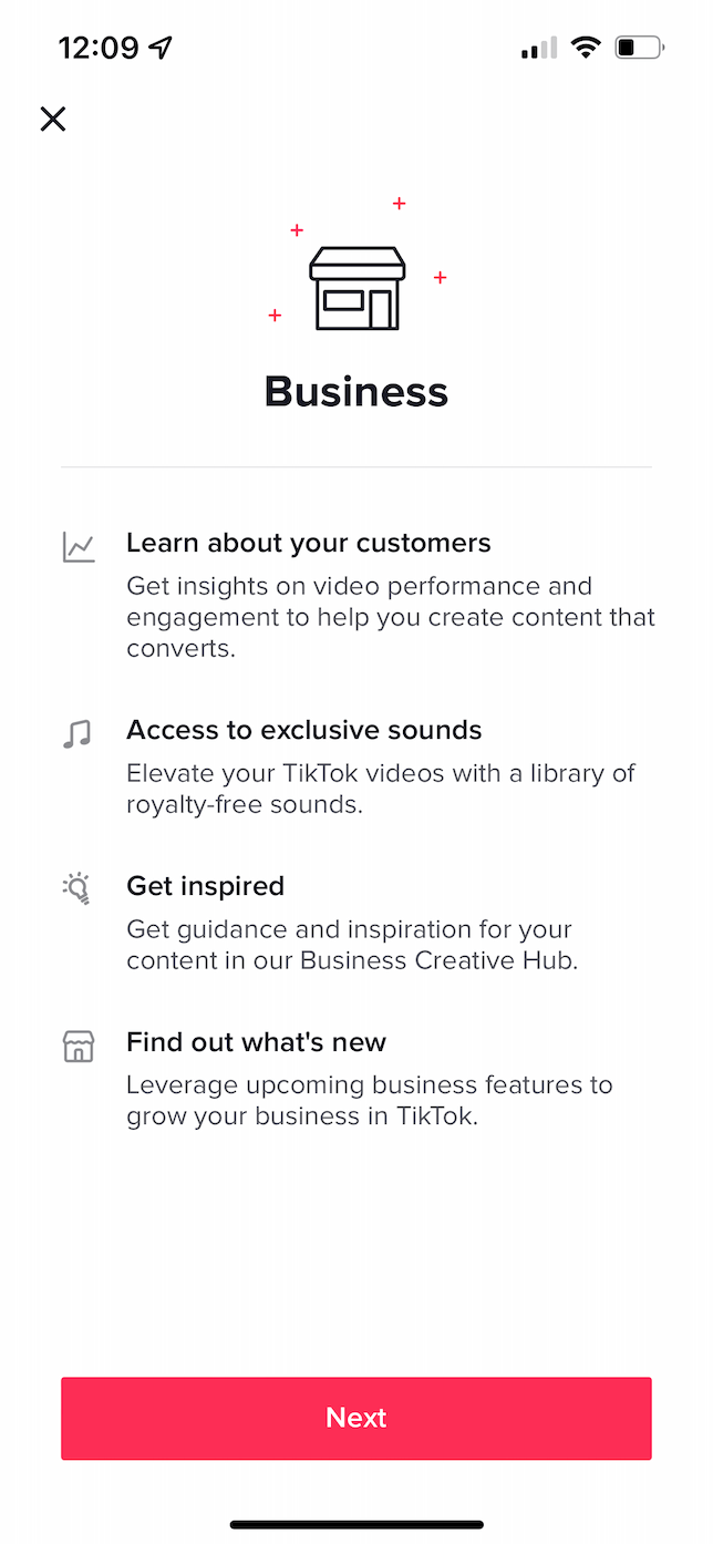 Screenshot of the Switch to Business Account page on TikTok.