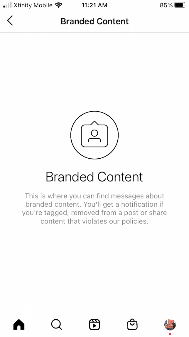 Notificações do Instagram mostrando a seção de conteúdo de marca.