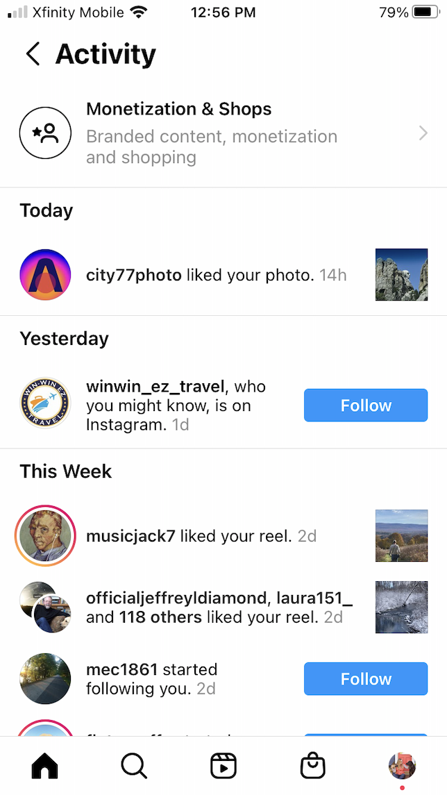 Uma captura de tela mostrando as notificações do Instagram para uma conta.