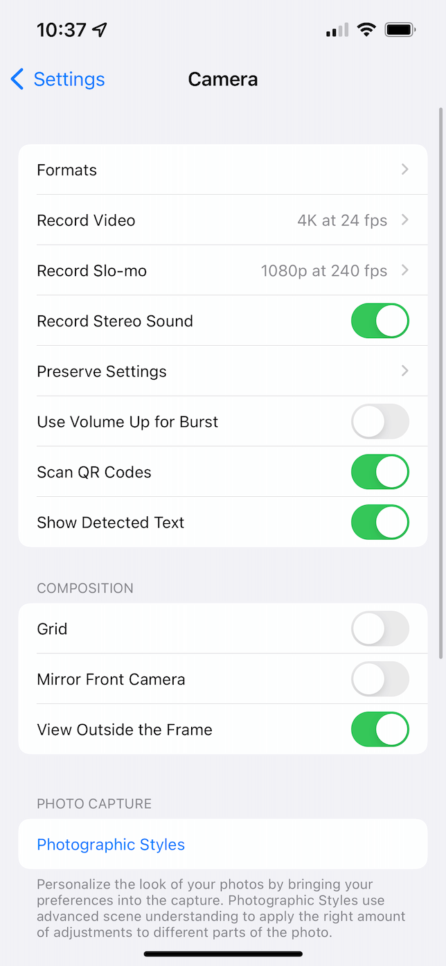 iPhone camera settings