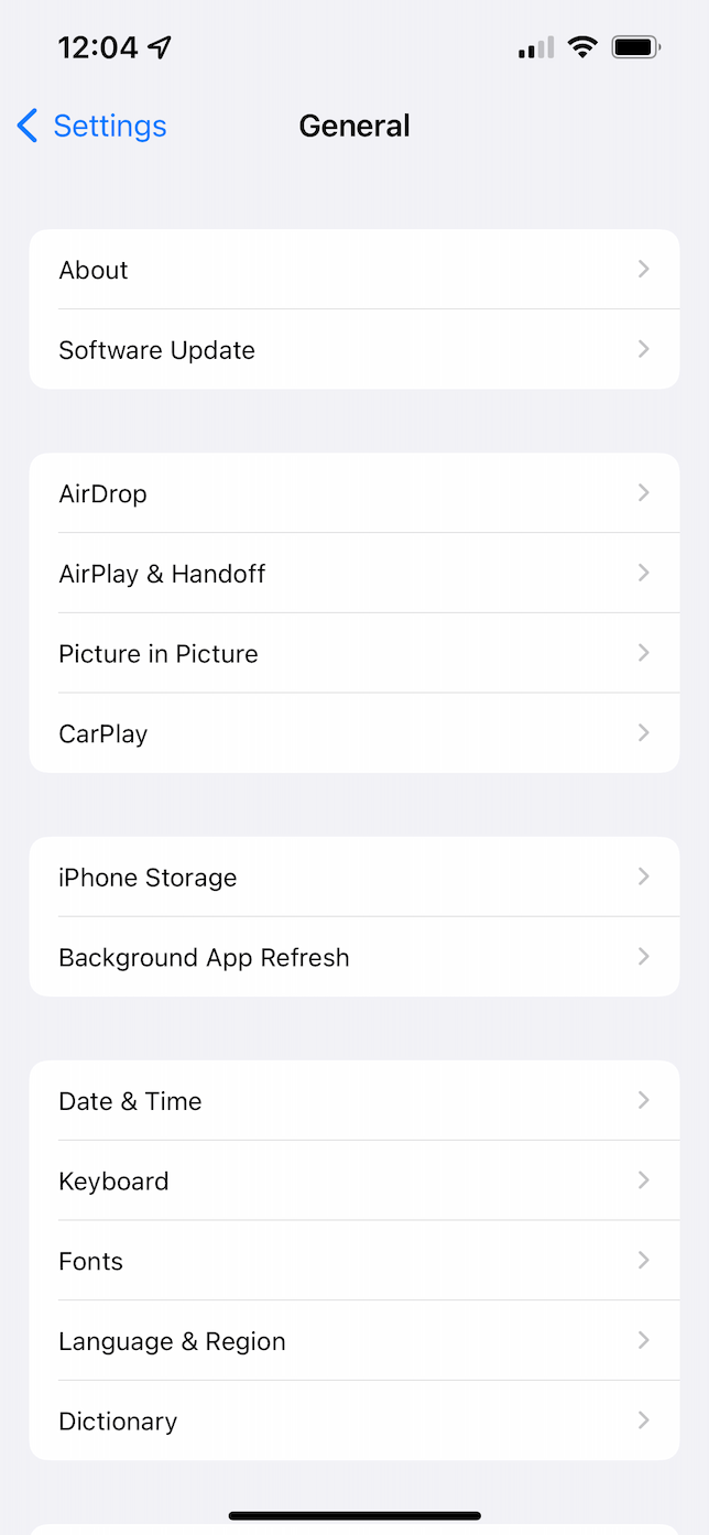 iPhone general settings