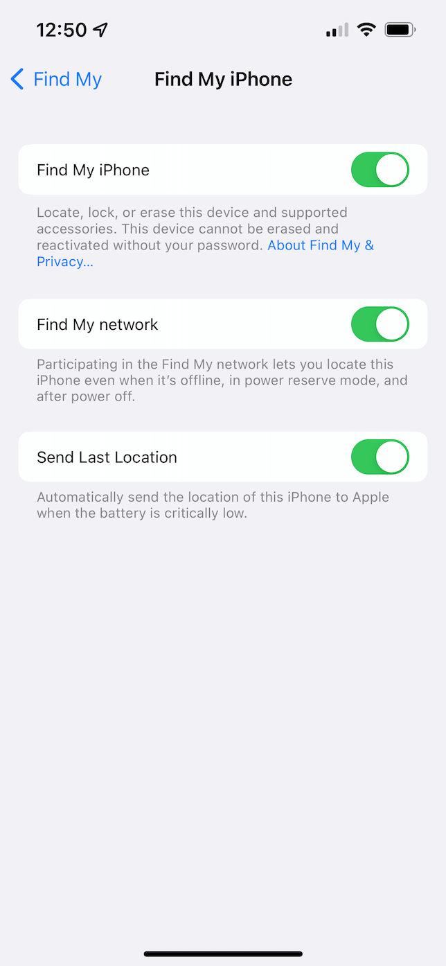 Find My iPhone settings