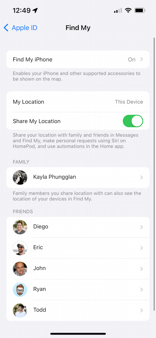 Find My settings