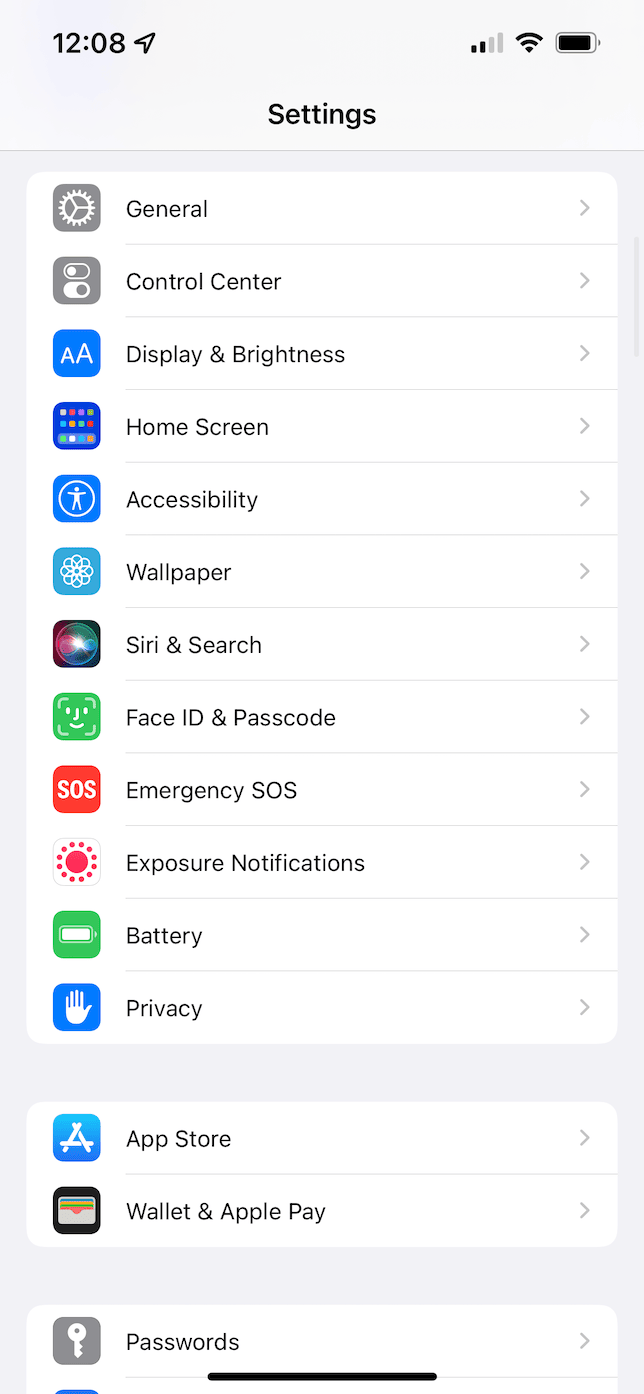 iPhone general settings