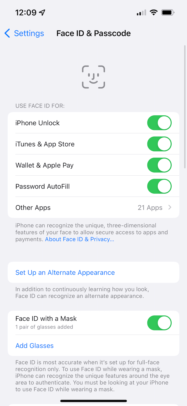 Face ID & Passcode settings