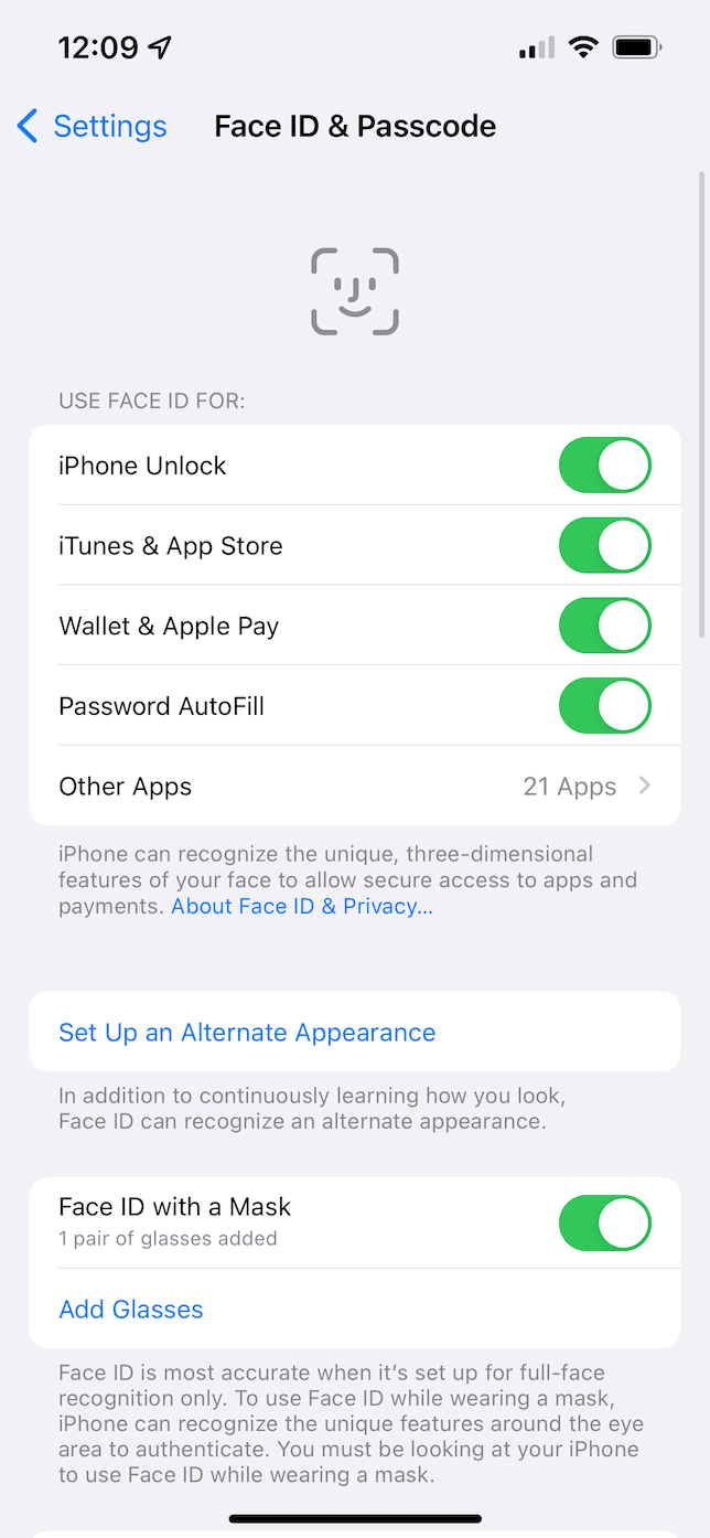 Configurações de Face ID e senha