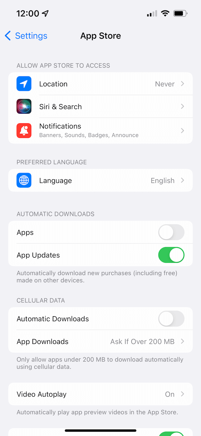 Appstore settings