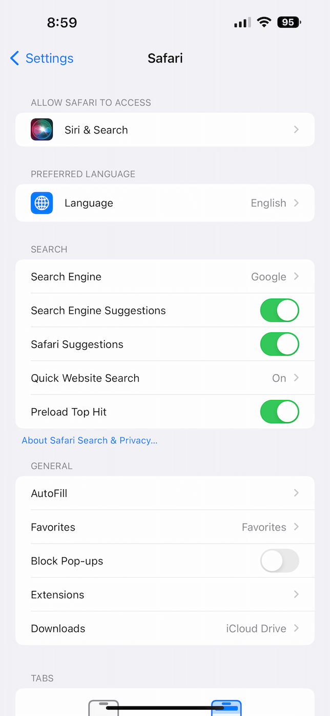 safari settings on iPhone