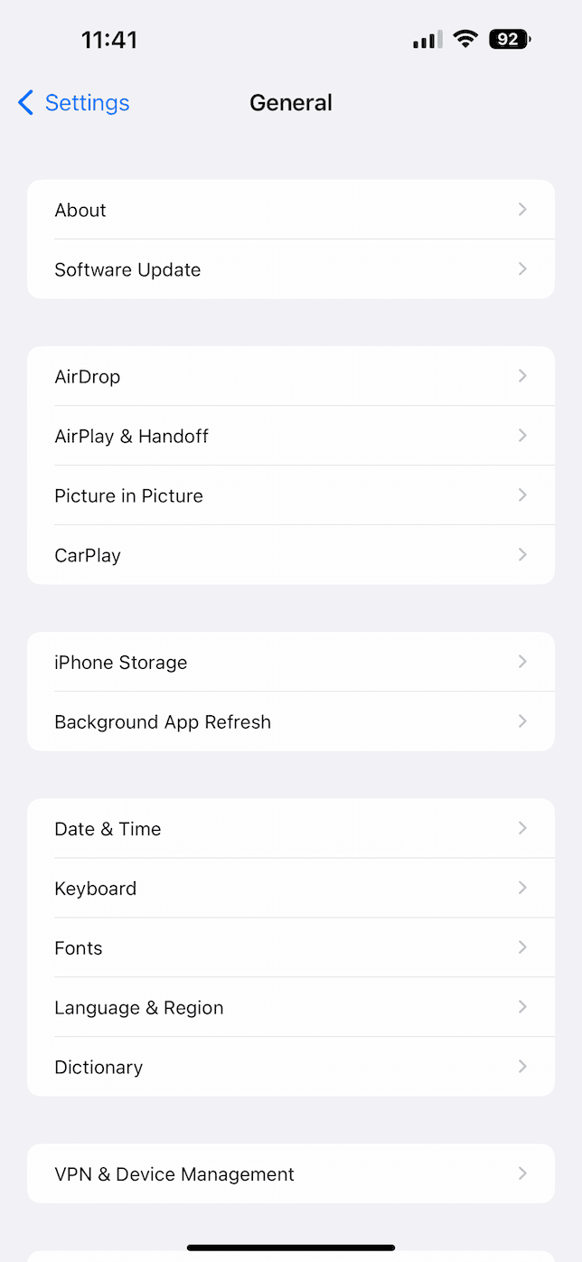 general settings on iPhone