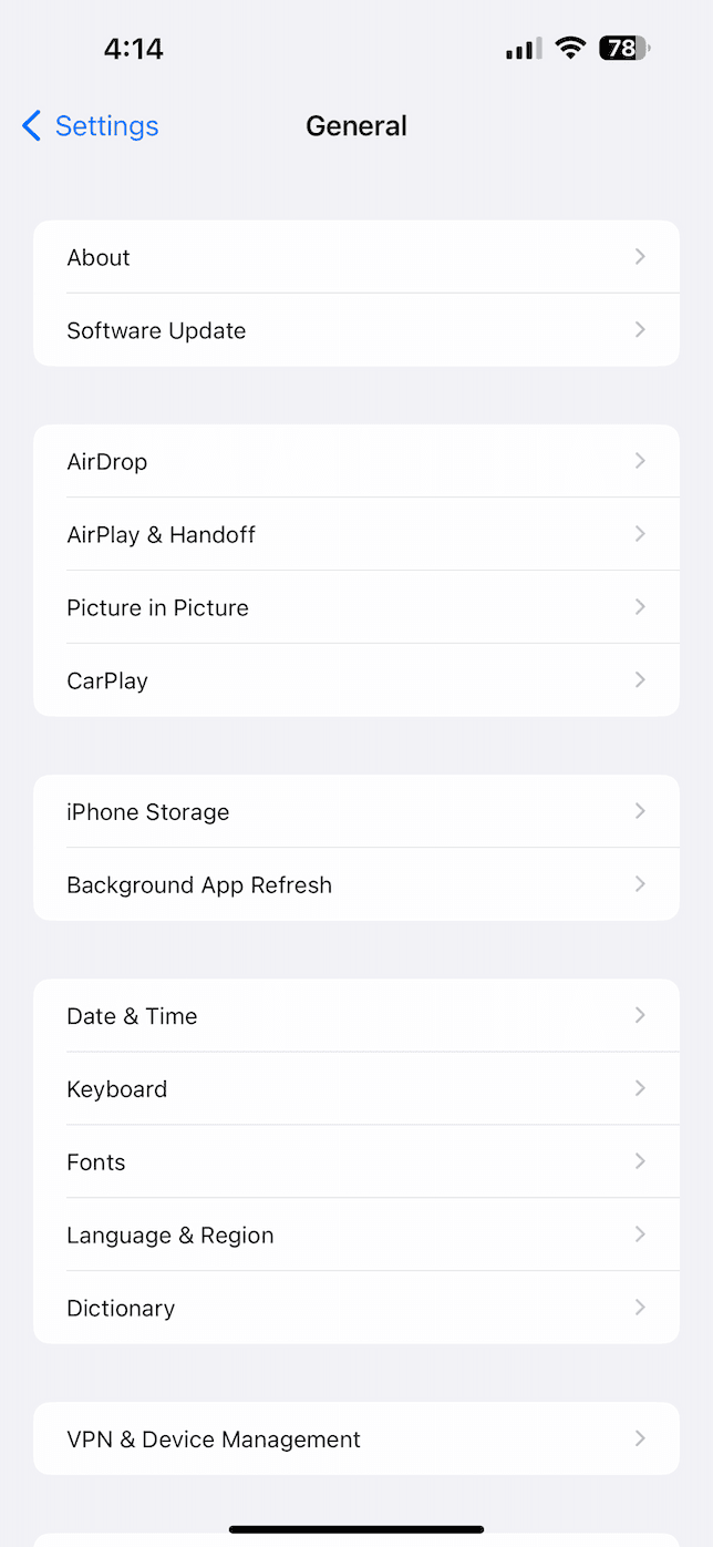 General Settings on iPhone