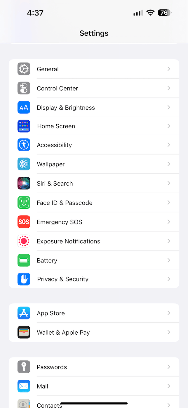 Settings on iPhone