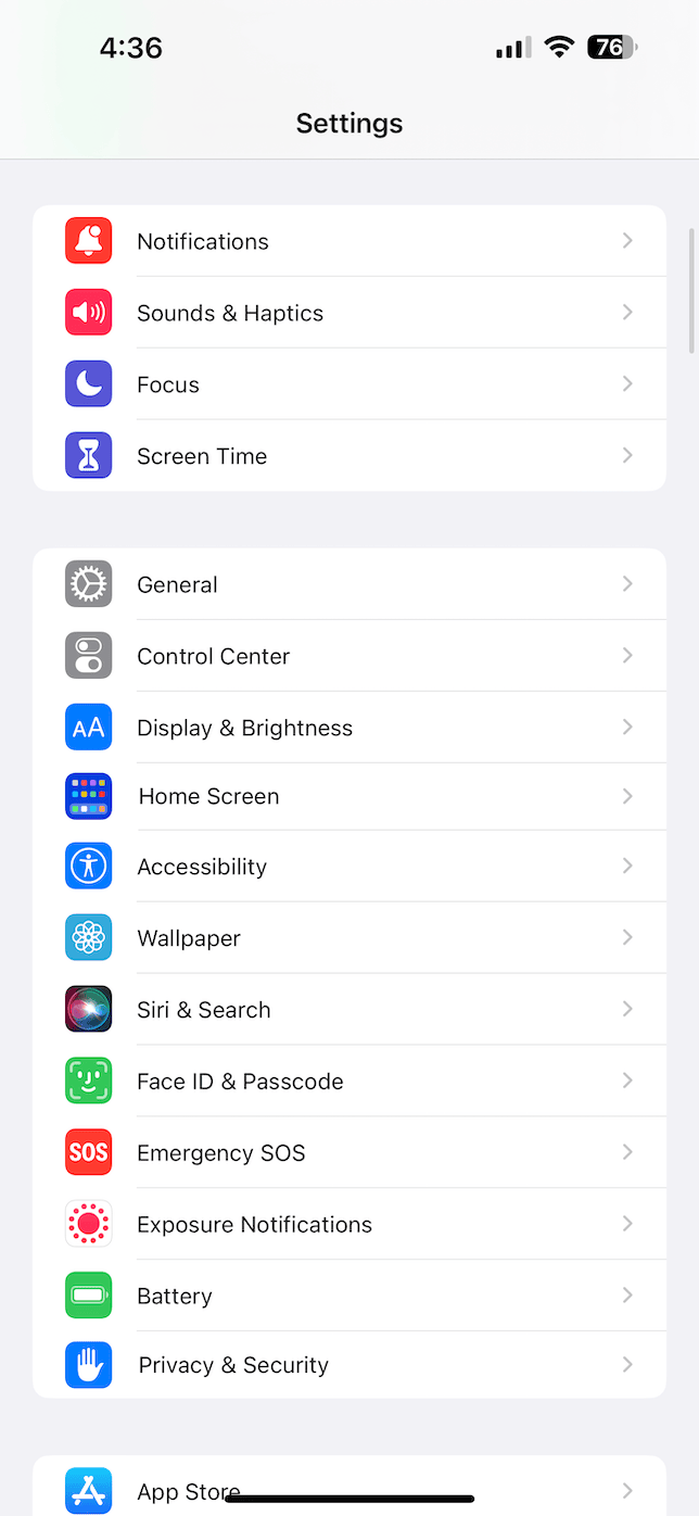 Settings on iPhone