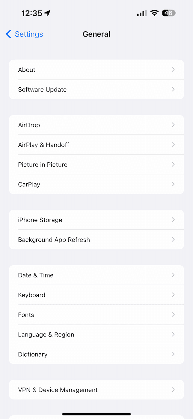 General Settings on iPhone