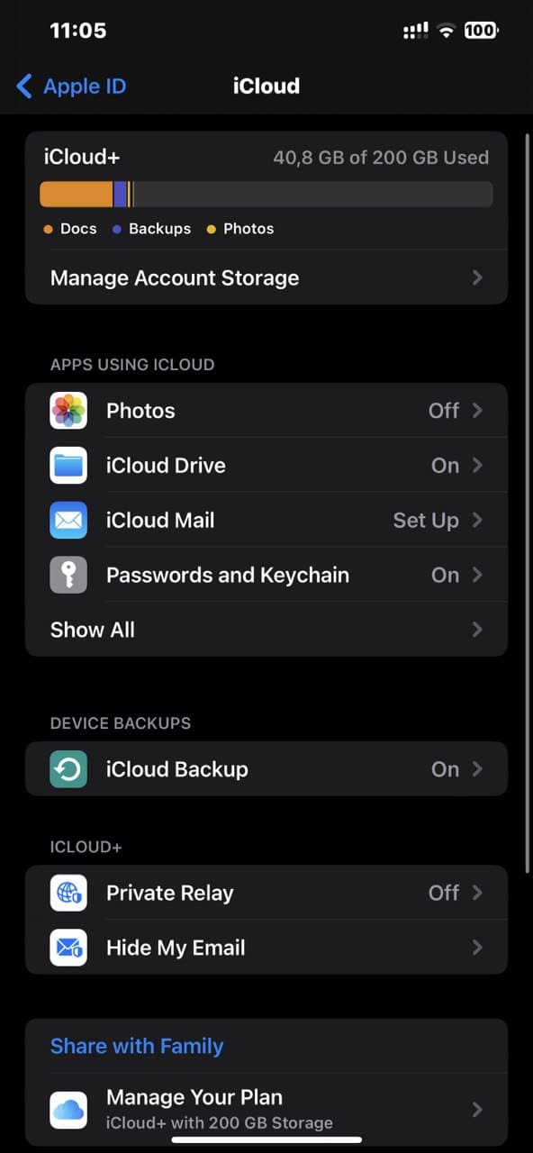 iCloud settings on iPhone