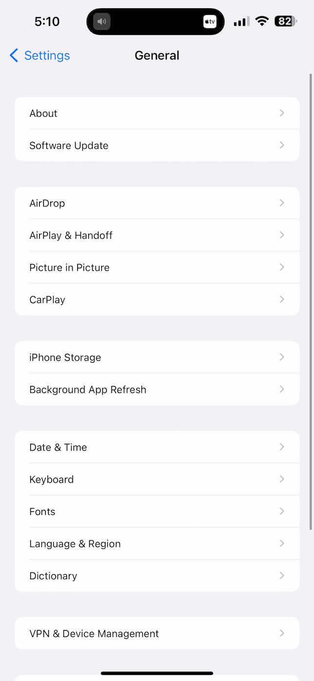 iPhone general settings