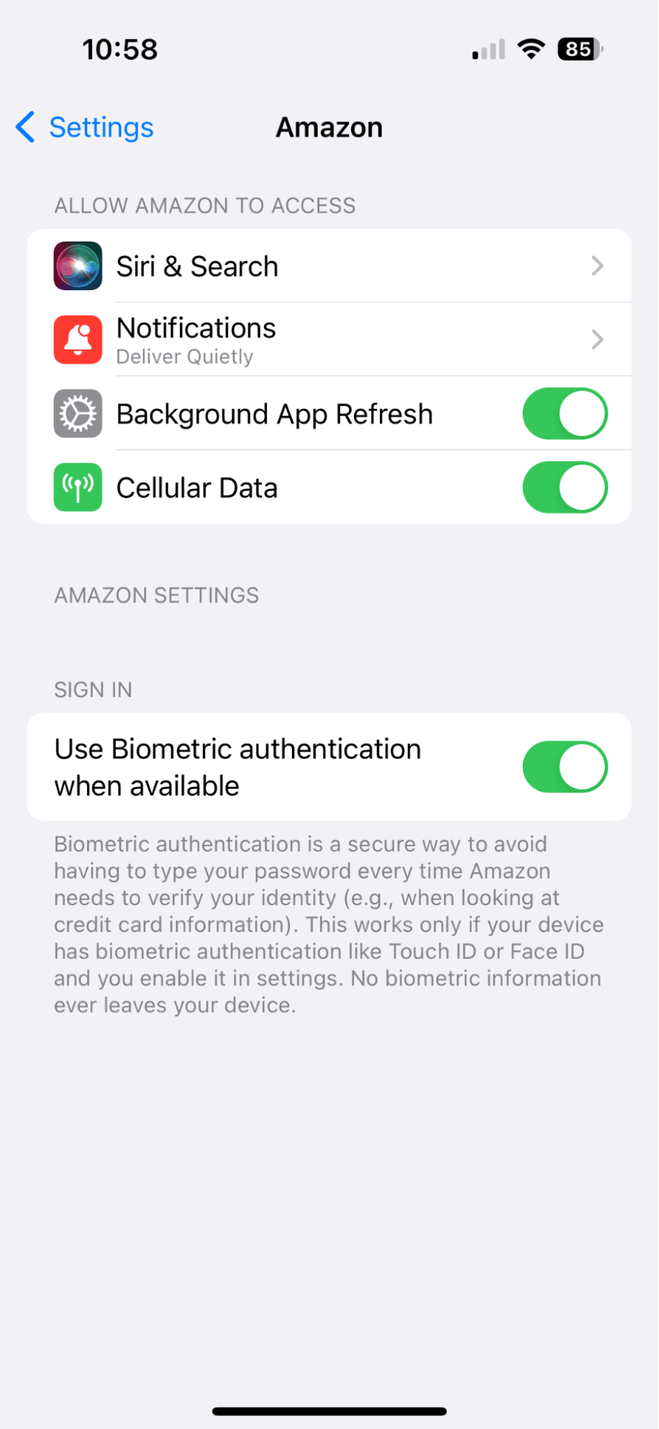 Amazon settings on iPhone