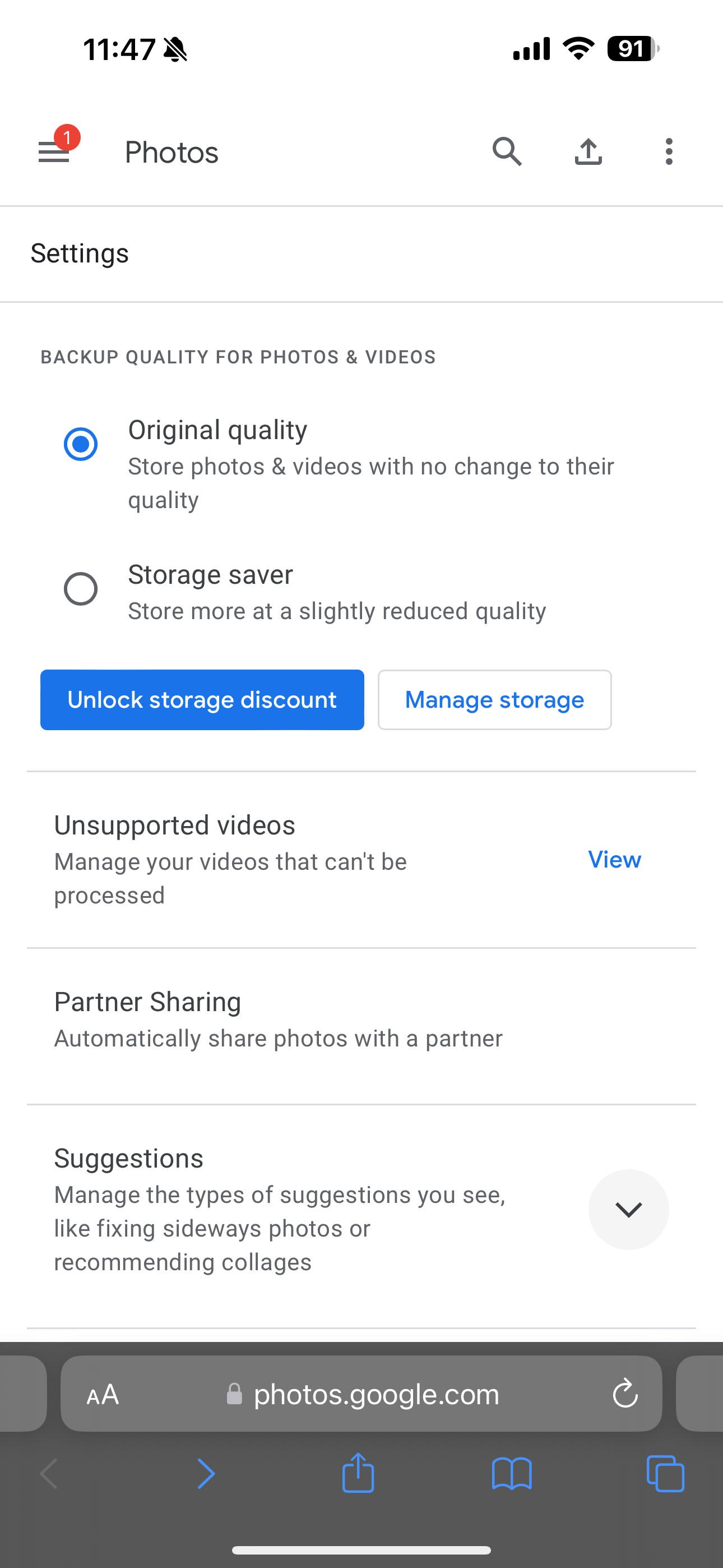 Manage Google storage settings