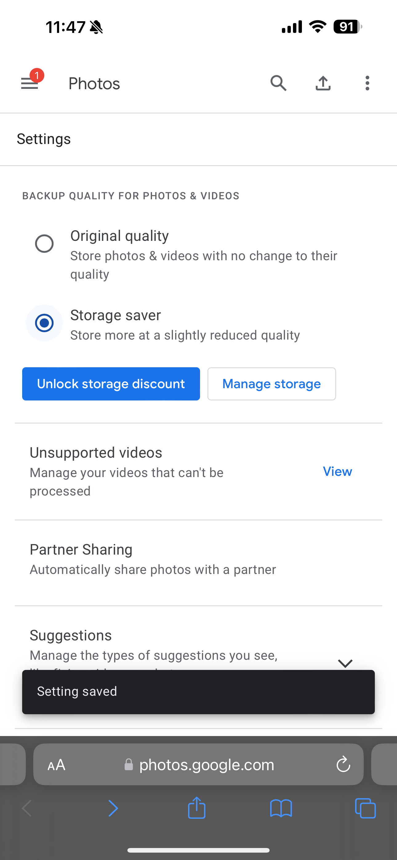 Manage Google storage settings
