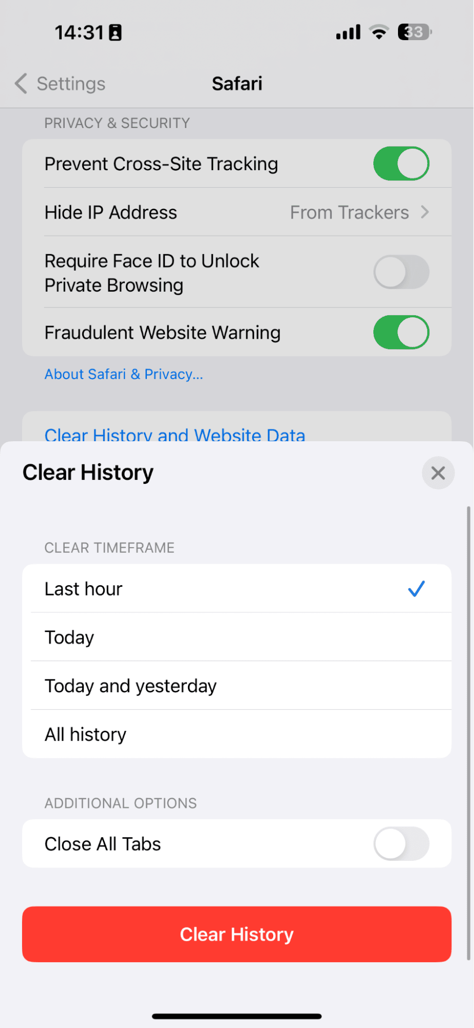 Safari settings on iPhone