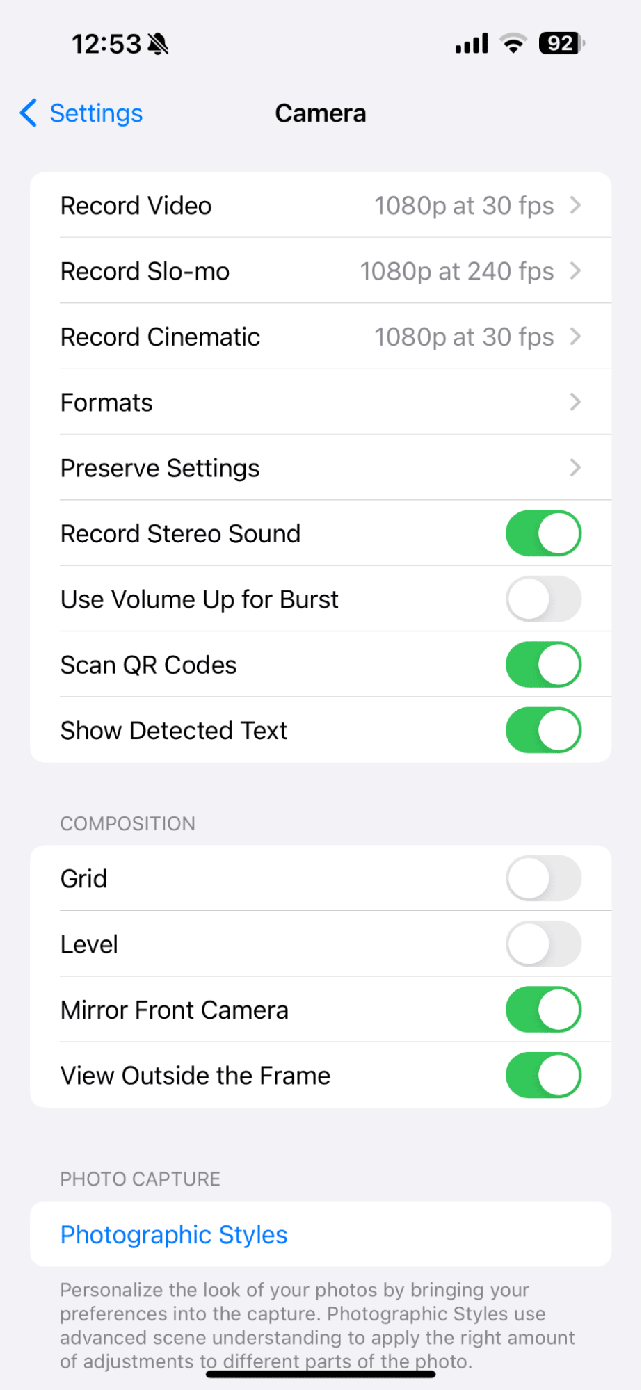 Camera app settings on iPhone