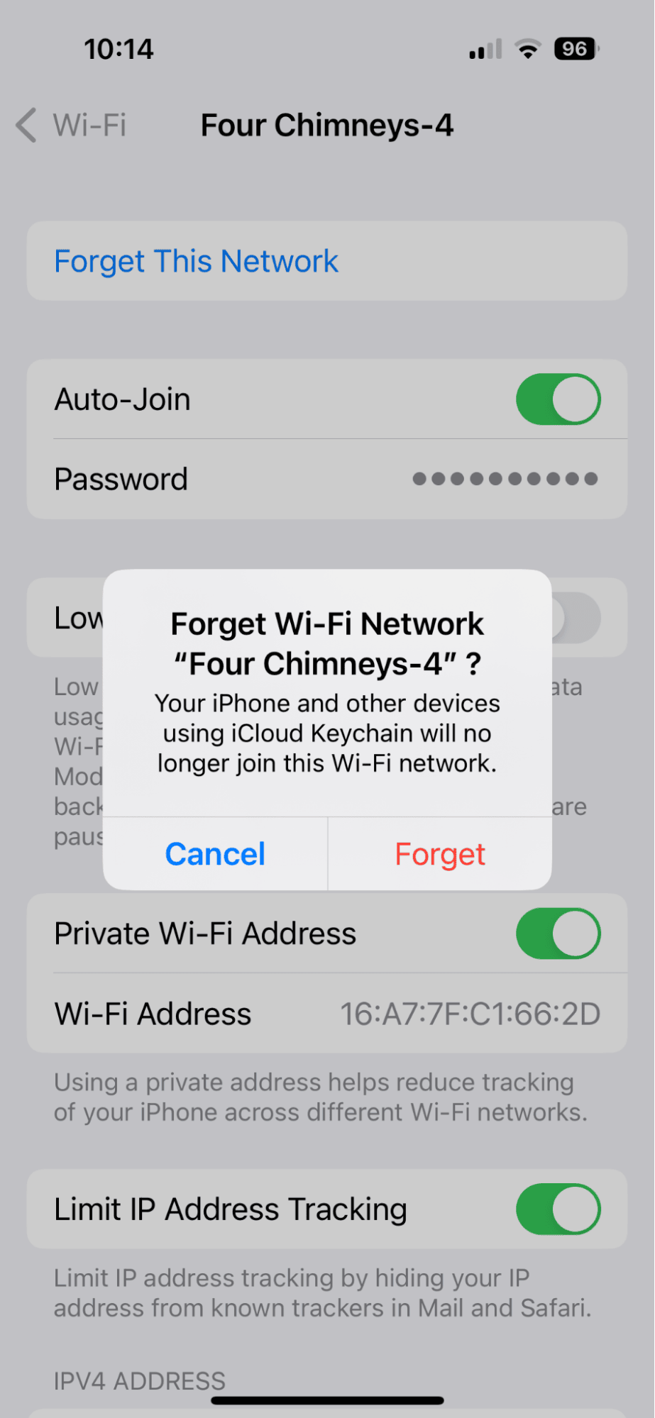 Forgetting saved Wi-Fi password on iPhone