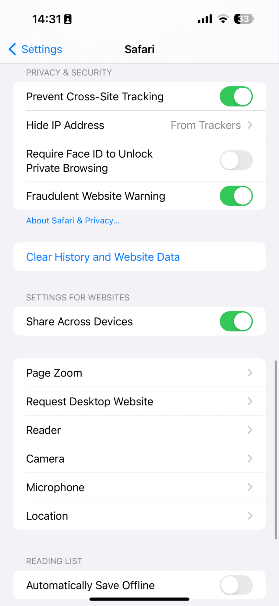 Safari settings on iPhone