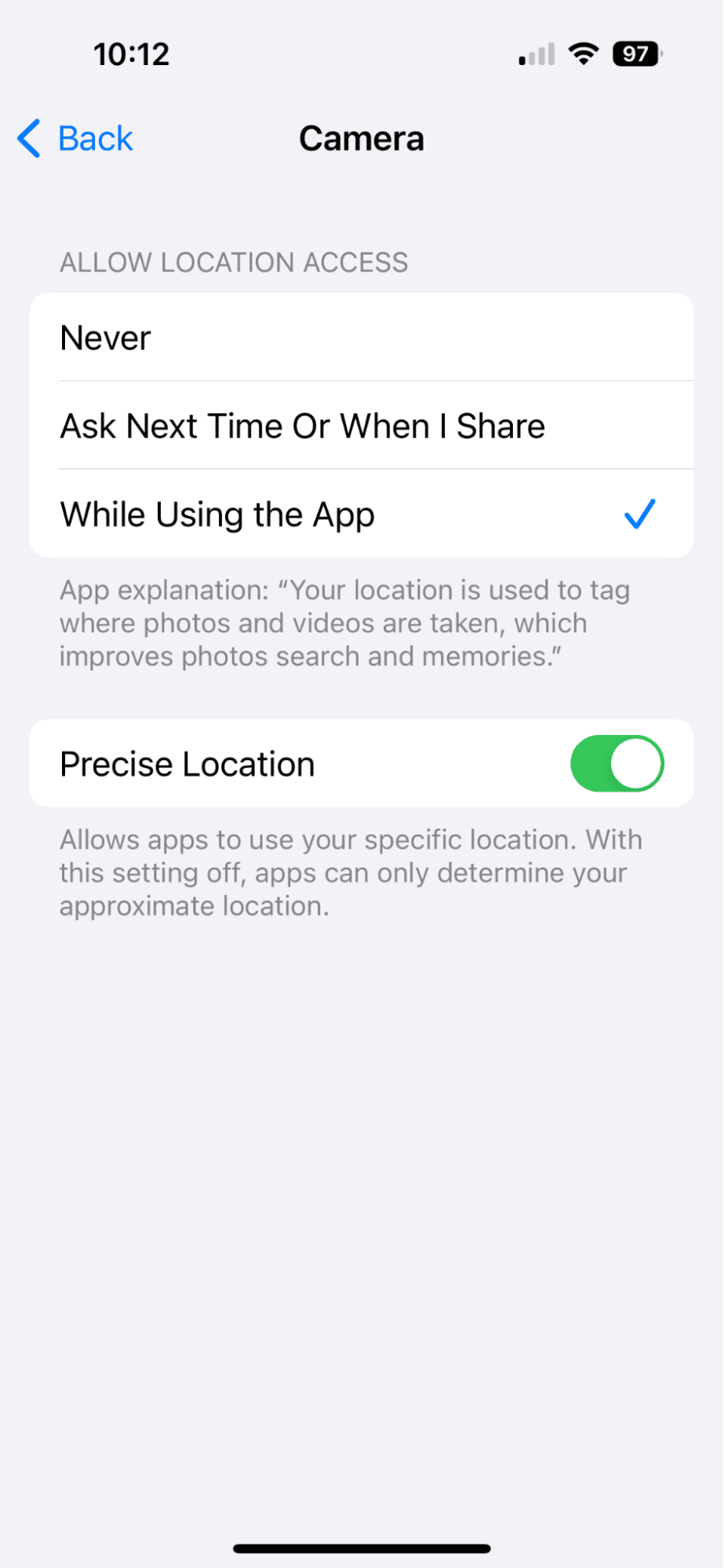 Camera settings on iPhone