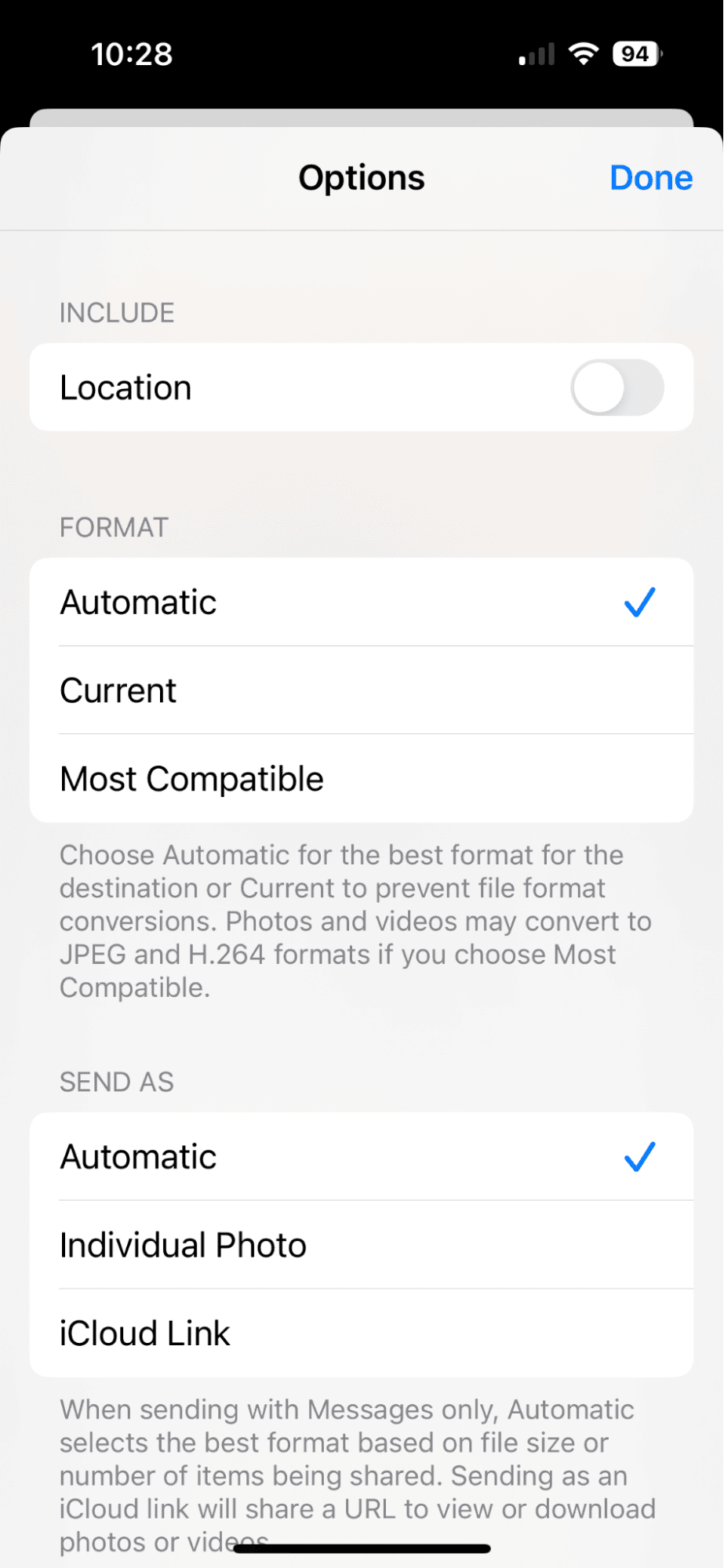 Options settings on iPhone
